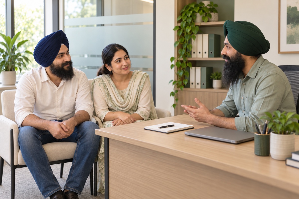 Illustrative scene of a family discussing local assistance with a Sikh support person in an office