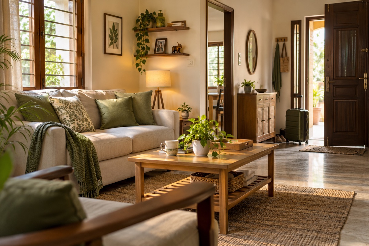 Illustrative Indian living room prepared for a family’s return, with cream and green furnishings