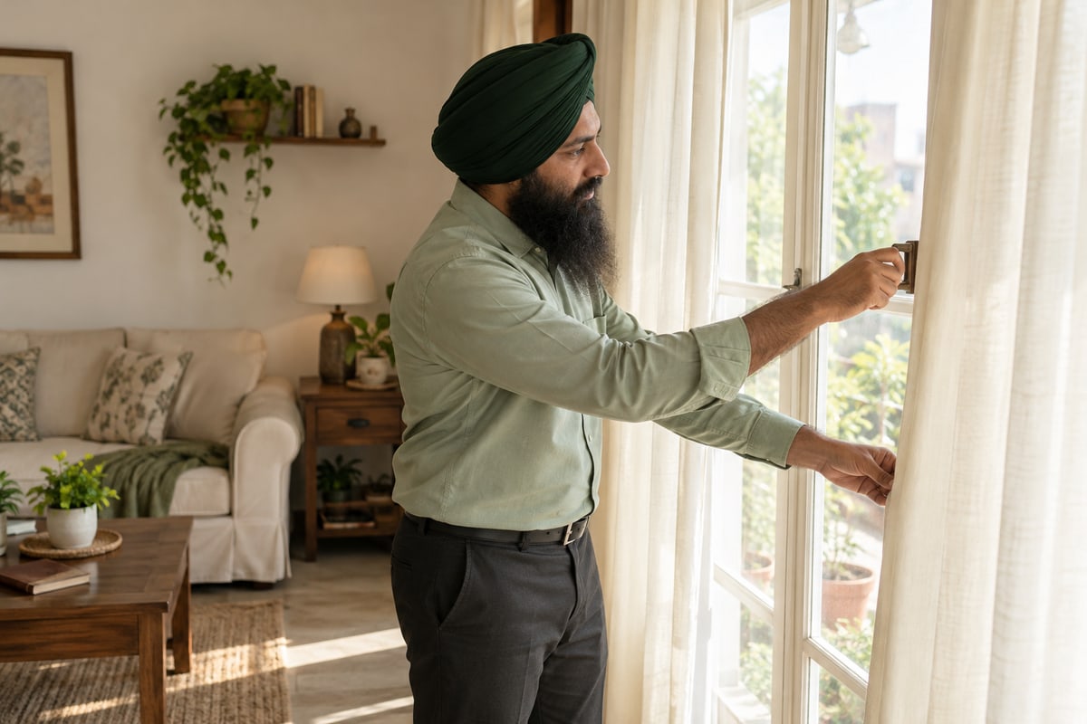 AI-generated illustration of a Sikh man with a full beard checking a window in a cared-for Indian home